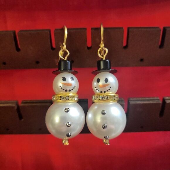 Festive Glass Pearl Snowman Drop Earrings - Picture 1 of 5